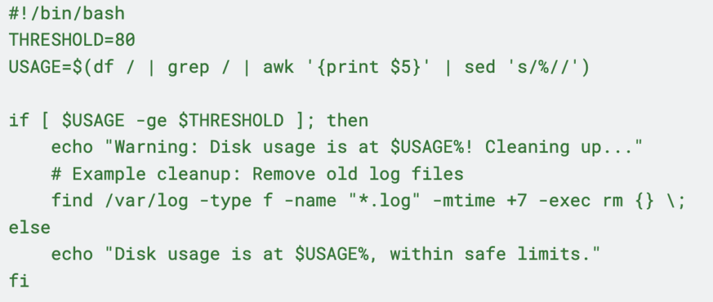 use this script to check if available disk space falls below a threshold.
